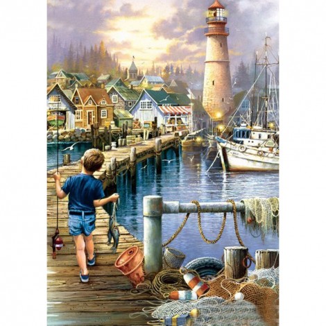 Little Boy Fishing Seaside - Full Round Diamond Painting