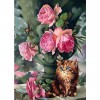 Pink Flowers Cat - Partial Round Diamond Painting