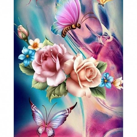 Butterfly Flowers - Full Round Diamond Painting