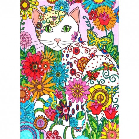 Cat Flowers - Full Round Diamond Painting